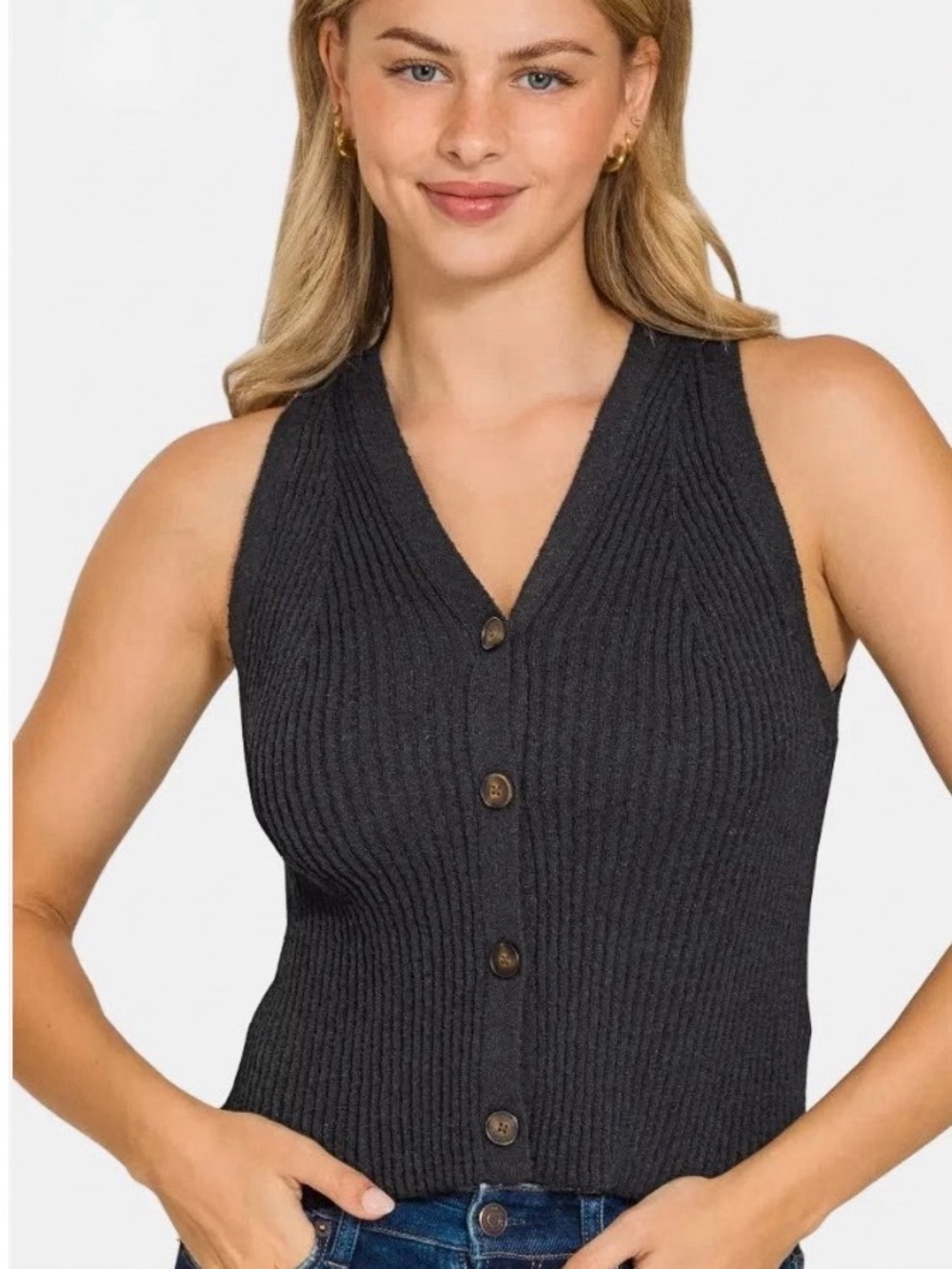 Zenana Outfitters Ribbed V-Neck Button Sleeveless Sweater Vest in Black